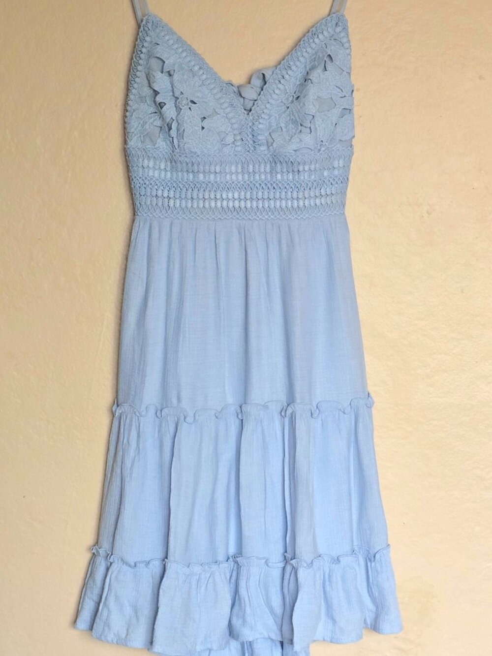 Love Tree Sky Blue Crochet Lace Tiered Mini Dress - Size Medium